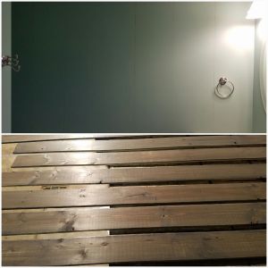 The wall before planking. The planks after staining.